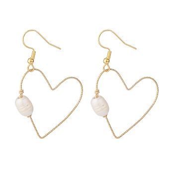 Open Heart Dangle Earrings for Women, Wire Wrap Natural Pearl Beads Drop Earrings, Golden, 50mm, Pin: 0.7mm