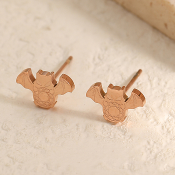 Halloween Fashion Stud Earrings for Women, Rose Gold, Bat, 5.9x9.2mm