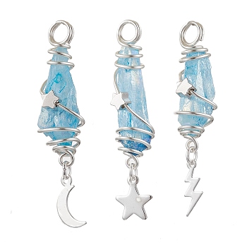 3Pcs 3 Styles Electroplated Natural Quartz Crystal Nuggets Copper Wire Wrapped Pendants, with Brass Moon Star Lightning Bolt, Silver Color Plated, Deep Sky Blue, 43.5~46x7.5~13.5x8~10mm, Hole: 3.5mm, 1pc/style