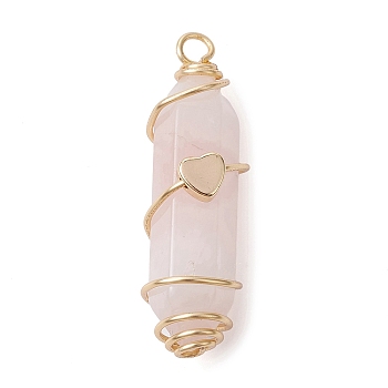 Natural Rose Quartz Copper Wire Wrapped Pointed Pendants, Faceted Bullet Charms with Golden Tone Brass Heart Beads, 34.5~37x10.5x12mm, Hole: 2.7mm