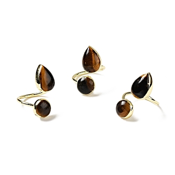 Natural Tiger Eye Teardrop Open Cuff Ring, Brass Jewelry for Women, Light Gold, Cadmium Free & Lead Free, US Size 9(18.9mm)