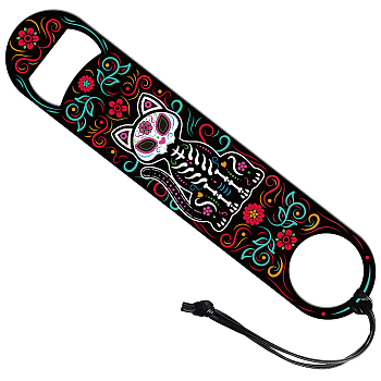 201 Stainless Steel Bottle Opener, with PU Leather Cord, Rectangle, Cat Pattern, 178x38x2mm
