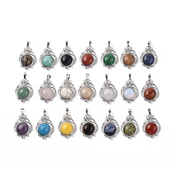 Natural & Synthetic Mixed Pendants, Half Round Charms, with Rack Plating Platinum Tone Brass Planet, 34x25x8mm, Hole: 8x5mm