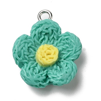 Opaque Resin Pendants, Flower Charms with Platinum Plated Iron Loops, Turquoise, 20x18x6mm, Hole: 2mm