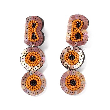 Word Boo Glass Seed Braided Dangle Stud Earrings, Halloween 316 Stainless Steel Jewelry for Women, Orange, 75mm, Pin: 0.6mm