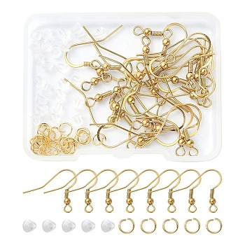 30Pcs 304 Stainless Steel French Earring Hooks, Ear Wire, French Hooks with Coil and Ball, with 30Pcs Jump Rings & 30Pcs Plastic Ear Nuts, Golden, 18~20x21mm, Hole: 2.5mm, 21 Gauge, Pin: 0.7mm