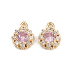 Brass Micro Pave Cubic Zirconia Pendants, Flat Round Charms, Real 18K Gold Plated, Pink, 9.5x7.5x3mm, Hole: 1.2mm(KK-K407-32G-05)