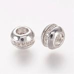 Brass Micro Pave Cubic Zirconia Beads, Cadmium Free & Lead Free, Rondelle, Clear, Platinum, 7x5mm, Hole: 3mm(ZIRC-J016-21P)