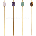 4Pcs Natural Tiger Eye & Natural Green Aventurine & Natural Amethyst & Natural Rose Quartz & Brass Hair Sticks, Barrel, Golden, 150mm(OHAR-ME00002)