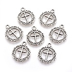 Tibetan Style Flat Round with Cross Alloy Pendants, Cadmium Free & Lead Free, Antique Silver, 20x16x1mm, Hole: 2mm(X-TIBEP-Q054-07AS-RS)