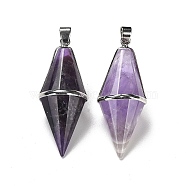 Natural Amethyst Pointed Pendants, Faceted Bicone Bullet Charms with Rack Plating Platinum Plated Brass Findings, Cadmium Free & Lead Free, 42.5~43x17~18mm, Hole: 4x5.5mm(G-F763-04P-05)