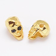 Eco-Friendly Brass Micro Pave Cubic Zirconia Beads, Skull, Lead Free & Nickel Free & Cadmium Free, Real 18K Gold Plated, 13x8x9.5mm, Hole: 2mm(X-ZIRC-P017-11G-NR)