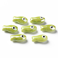 Handmade Porcelain Beads, Famille Rose Style, Fish, Yellow Green, 19.5x10x8mm, Hole: 2mm(PORC-T007-06B)