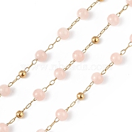 Dyed Natural Jade Round Beaded Chain, with Golden 304 Stainless Steel Satellite Chains, Unwelded, with Spool, Pink, 2.5x1x0.3mm, 5x4mm, 3mm, about 32.81 Feet(10m)/Roll(CHS-C006-01B)
