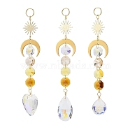 Electroplate Glass Heart & Teardrop Window Hanging Suncatchers, Golden Brass Sun & Moon and Glass Octagon Beads Pendants Decorations Ornaments, Goldenrod, 220x28mm(HJEW-JM00851-02)