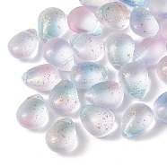 Two Tone Transparent Spray Painted Glass Beads, Top Drilled Beads, with Glitter Powder, Frosted, Teardrop, Light Blue, 12.5x9.5x7mm, Hole: 1mm(GLAA-T017-01-B03)