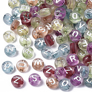 Transparent Acrylic Beads, Horizontal Hole, Flat Round with Silver Plated Letter, Mixed Color, 7x4mm, Hole: 1.5mm, about 3700pc/500g(PACR-N006-002)