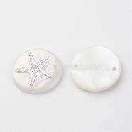 Freshwater Shell Links connectors, Flat Round with Gold Blocking Starfish/Sea Stars, Platinum, 20x3~4mm, Hole: 1.5mm(SHEL-S247-14)