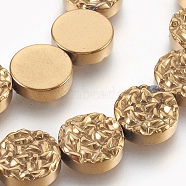 Electroplated Non-magnetic Synthetic Hematite Beads Strands, Textured Flat Round, Golden Plated, 12x4mm, Hole: 1mm, about 33pcs/strand, 15.7 inch(40cm)(G-E498-21B-03)