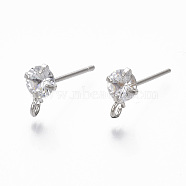 Brass Micro Clear Cubic Zirconia Stud Earring Findings, with Loop, Nickel Free, Real Platinum Plated, 8.5x5.5mm, Hole: 1.5mm, Pin: 0.7mm(X-KK-R132-066P-NF)
