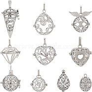 10Pcs 10 Styles Hollow Brass Cage Pendants, For Chime Ball Pendant Necklaces Making Making, Mixed Shapes, Platinum, 24.5~39x16~33x8~24mm, Hole: 3.5~10x3.5~8mm, 1pc/style(KK-SC0004-29)