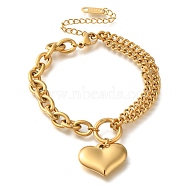 Ion Plating(IP) 304 Stainless Steel Twisted Chain & Cable Chain Heart Charm Bracelets for Women, Real 18K Gold Plated, 6-3/8 inch(16.2cm)(BJEW-H613-01G)