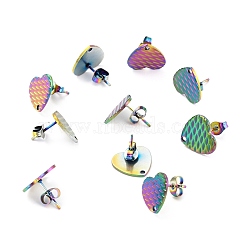 Ion Plating(IP) 304 Stainless Steel Stud Earring Findings, with Ear Nuts, Textured Heart, Rainbow Color, 12x13mm, Hole: 1.5mm, Pin: 0.7mm(STAS-I183-04B-M)