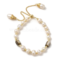 Natural Pearl & Shell Beaded Slider Bracelets, with Brass Chains, Real 14K Gold Plated, Inner Diameter: 1-3/4~2-7/8 inch(4.5~7.25cm) (BJEW-C051-57G)