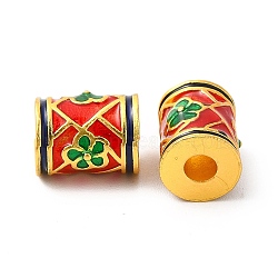 Alloy Enamel Beads, Rack Plating, Column with Flower Pattern, Matte Gold Color, Red, 10x7.5mm, Hole: 3mm(ENAM-M048-12MG-B)