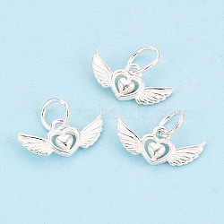 925 Sterling Silver Heart with Angel Wings Charms, with 925 Stamp, Silver, 6.5x14~14.5x2.5mm, Hole: 4mm, Jump Ring: 5x0.5mm, Inner Diameter: 4mm(STER-T009-13S)