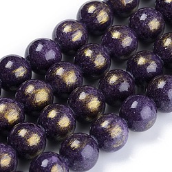 Natural Mashan Jade Beads Strands, with Gold Foil, Dyed, Round, Indigo, 10mm, Hole: 1.4mm, about 39pcs/strand, 15.55 inch(39.5cm)(G-F670-A25-10mm)