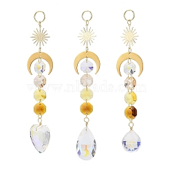 Electroplate Glass Heart & Teardrop Window Hanging Suncatchers, Golden Brass Sun & Moon and Glass Octagon Beads Pendants Decorations Ornaments, Goldenrod, 220x28mm(HJEW-JM00851-02)