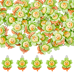 60pcs Opaque Resin Pendants, Flower Charms with Duck, with Platinum Tone Iron Loops, Green Yellow, 26x18x8.5mm, Hole: 2mm(RESI-DC0001-15)