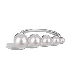 Anti-Tarnish Round Shell Pearl Finger Rings, Rhodium Plated 925 Sterling Silver Ring for Women, Platinum, 17x17.5mm(RJEW-Q813-04P)