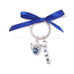 Angel Glass Pearl Beads & Acrylic Beads Charms Keychain, with Iron Split Key Rings, Satin Ribbon and Alloy Findings, Antique Silver & Platinum, 7cm(KEYC-PH01054-05A)