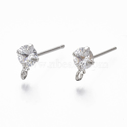 Brass Micro Clear Cubic Zirconia Stud Earring Findings, with Loop, Nickel Free, Real Platinum Plated, 8.5x5.5mm, Hole: 1.5mm, Pin: 0.7mm(X-KK-R132-066P-NF)