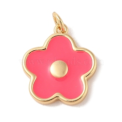 Rack Plating Brass Enamel Pendants, with Jump Ring, Cadmium Free & Lead Free, Long-Lasting Plated, Real 18K Gold Plated, Flower Charm, Hot Pink, 18x16.5x2.5mm, Hole: 3.5mm(KK-Z047-02A-RS)