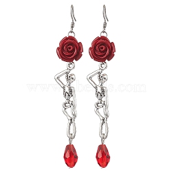 304 Stainless Steel Dangle Earrings, with Glass & Synthetic Coral & Alloy, Skeleton with Flower, Antique Silver & Stainless Steel Color, 87x15mm, 2pair/set(EJEW-JE06065-S)