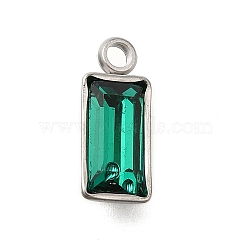 304 Stainless Steel Rhinestone Pendants, Rectangle Charms, Emerald, 12x5x3mm, Hole: 1.6mm(STAS-Z125-12C-P)