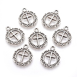 Tibetan Style Flat Round with Cross Alloy Pendants, Cadmium Free & Lead Free, Antique Silver, 20x16x1mm, Hole: 2mm(X-TIBEP-Q054-07AS-RS)