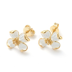 Brass Enamel Stud Earrings, with Ear Nuts, Flower, Real 18K Gold Plated, White, 11x12mm, Pin: 0.8mm(EJEW-J101-22G-01)