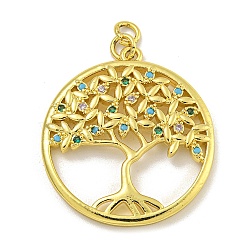 Rack Plating Brass Micro Pave Cubic Zirconia Pendants, Long-Lasting Plated, Cadmium Free & Lead Free, Round with Tree, Real 18K Gold Plated, 30.5x28x6.5mm, Hole: 4x3mm(KK-C074-05G)