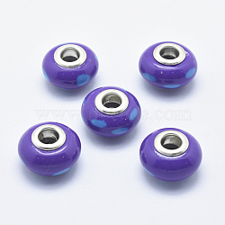 Handmade Polymer Clay European Beads, with Silver Color Plated Brass Cores, Large Hole Beads, Rondelle with Dot Pattern, Dark Violet, 13~16x8~11mm, Hole: 4.5~5mm(CLAY-K002-F05)
