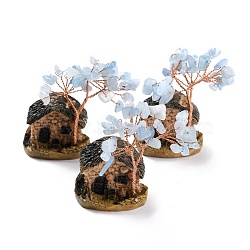 Resin & Natural Aquamarine Model Ornament, House & Trees, for Desk Home Decoration, 37~52x31~33x67~70mm(DJEW-Z001-01B)