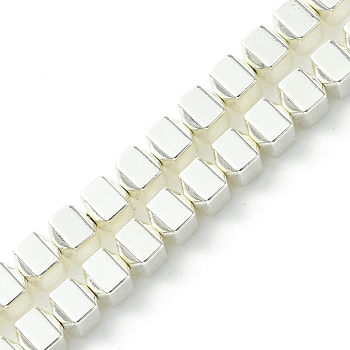 Electroplated Synthetic Non-Magnetic Hematite Beads Strands, Cube, Silver Plated, 4x4x4mm, Hole: 0.9mm, about 100pcs/strand, 15.98''(40.6cm)