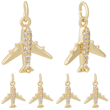 10Pcs Rack Plating Brass Micro Pave Cubic Zirconia Charms, Passenger Plane Charm, Long—Lasting Plated, with Jump Rings, Cadmium Free & Lead Free, Real 18K Gold Plated, 14x13x2mm, Hole: 3mm