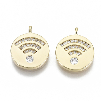 Brass Micro Pave Cubic Zirconia Charms, Nickel Free, Flat Round with WIFI Pattern, Clear, Real 18K Gold Plated, 15x12x2mm, Hole: 1.2mm