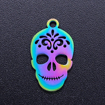 Ion Plating(IP) 201 Stainless Steel Pendants, Sugar Skull, For Mexico Holiday Day of the Dead, Rainbow Color, 18x10.5x1mm, Hole: 1.6mm