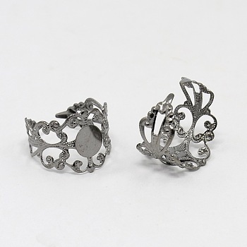 Brass Filigree Ring Components, Adjustable Ring Base Findings, Lead Free, Gunmetal, Size: Ring: about 17mm inner diameter, Tray: 8mm in diameter