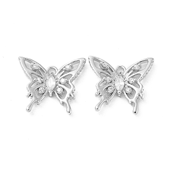 Hollow Brass Micro Pave Cubic Zirconia Pendants, with Glass, Butterfly Charms, Real Platinum Plated, 13x15x3mm, Hole: 1.4mm